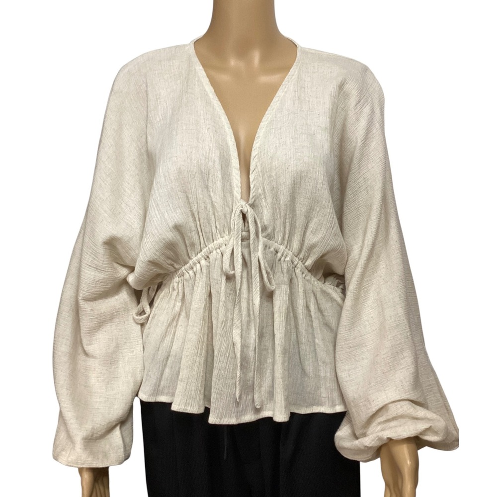 ASOS DESIGN Oatmeal Cotton Linen Tie Front Peplum Balloon Sleeve Top US 8